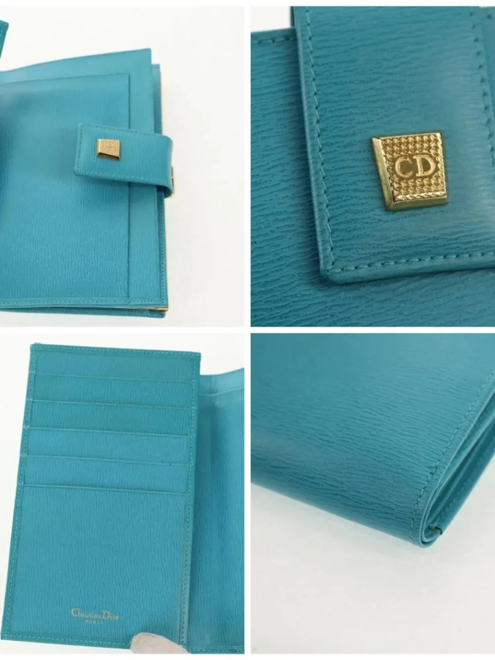 Christian Dior Long Wallet Leather Light Blue Gold Auth